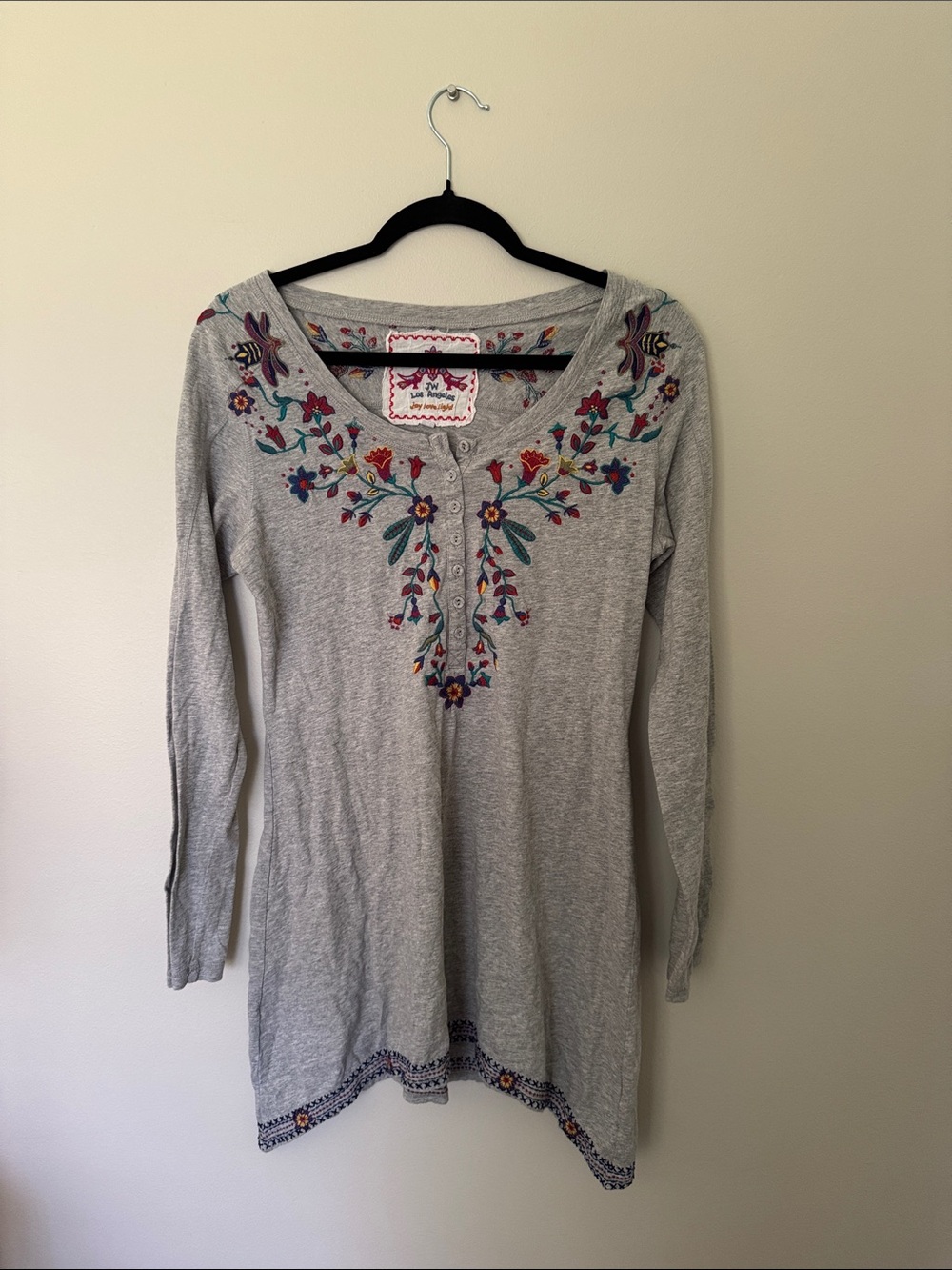 Johnny Was Light Gray Embroidered Floral Henley Tunic